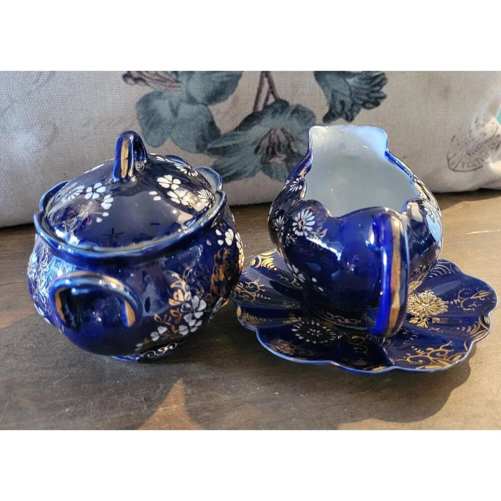 Chrysanthemum Cobalt Blue Porcelain Creamer & Sugar Set – Gold Accents
